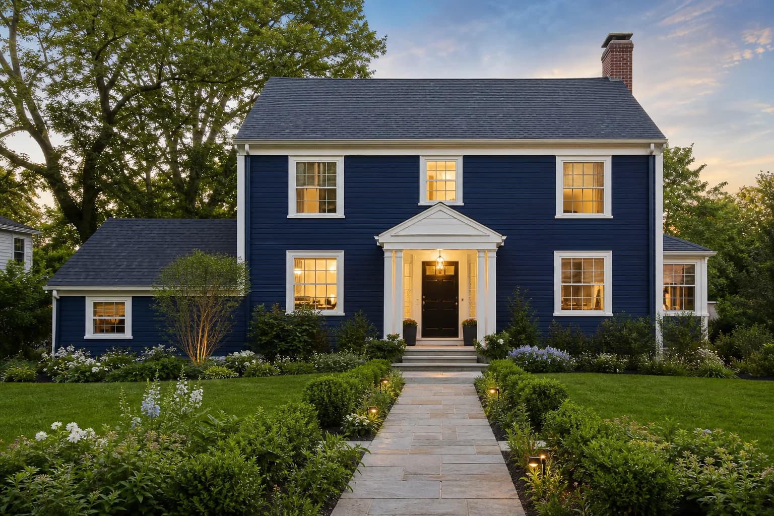 Market-ready navy colonial home with polished curb appeal